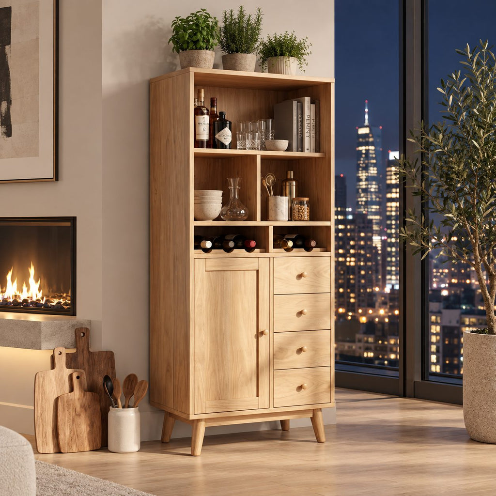 Tall Hutch Bar Cabinet with Open Cubbies, Wine Slots, Door and Four Drawers, Solid Wood Mid Century Storage