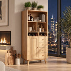 Tall Hutch Bar Cabinet with Open Cubbies, Wine Slots, Door and Four Drawers, Solid Wood Mid Century Storage