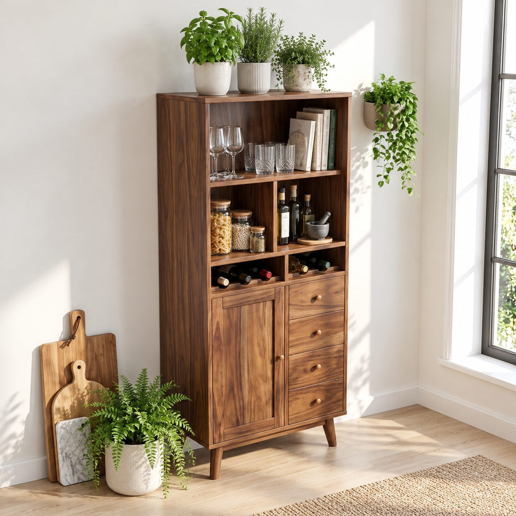 Tall Hutch Bar Cabinet with Open Cubbies, Wine Slots, Door and Four Drawers, Solid Wood Mid Century Storage