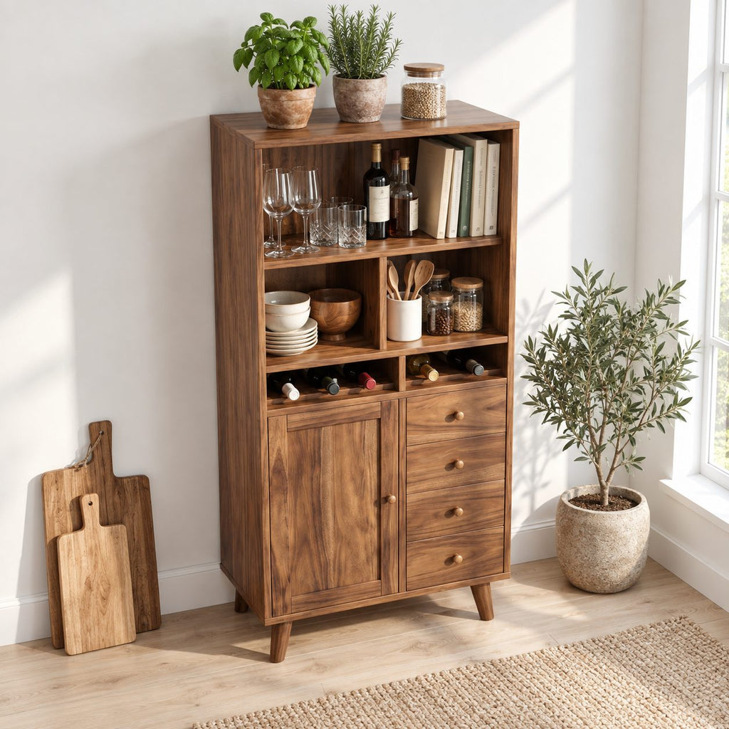Tall Hutch Bar Cabinet with Open Cubbies, Wine Slots, Door and Four Drawers, Solid Wood Mid Century Storage