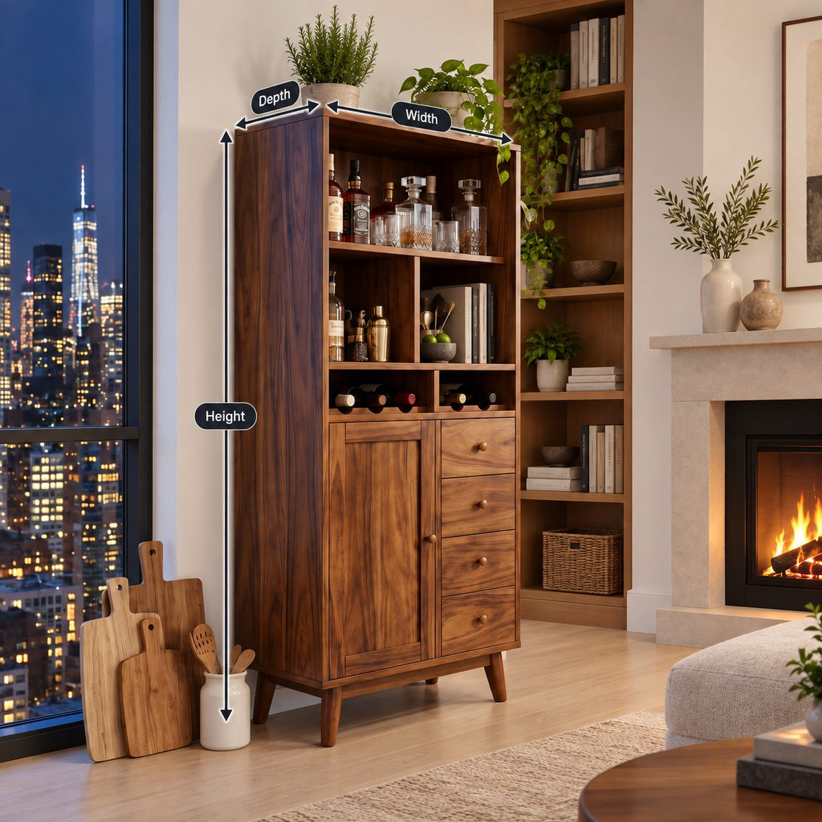 Tall Hutch Bar Cabinet with Open Cubbies, Wine Slots, Door and Four Drawers, Solid Wood Mid Century Storage