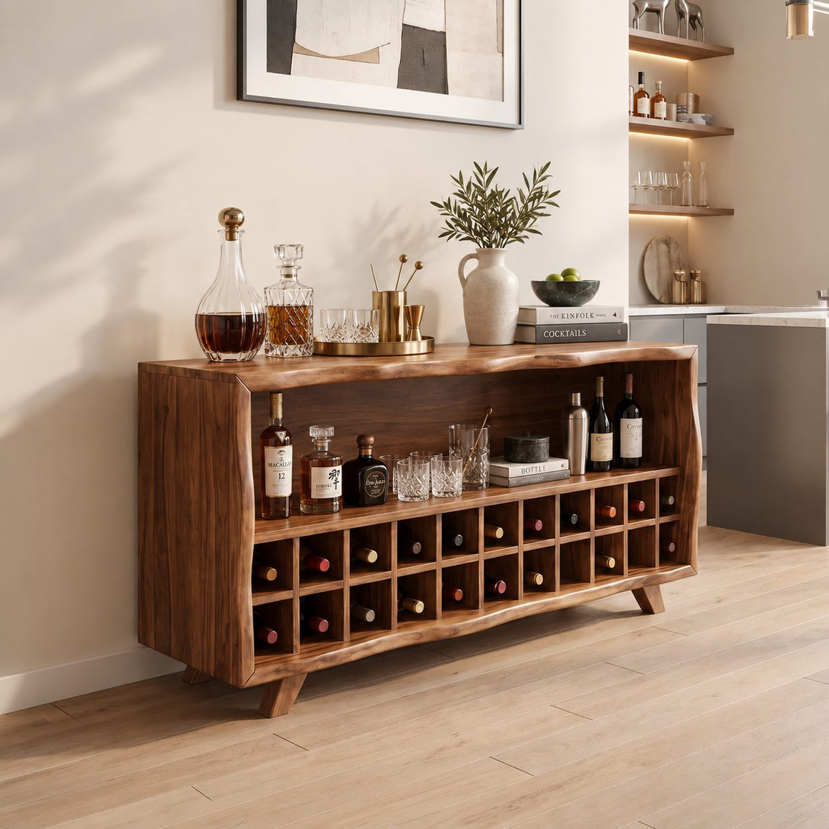 Live Edge Wine Cubby Bar Cabinet with Open Bottle Shelf, Solid Wood Low Liquor Sideboard on Splayed Legs
