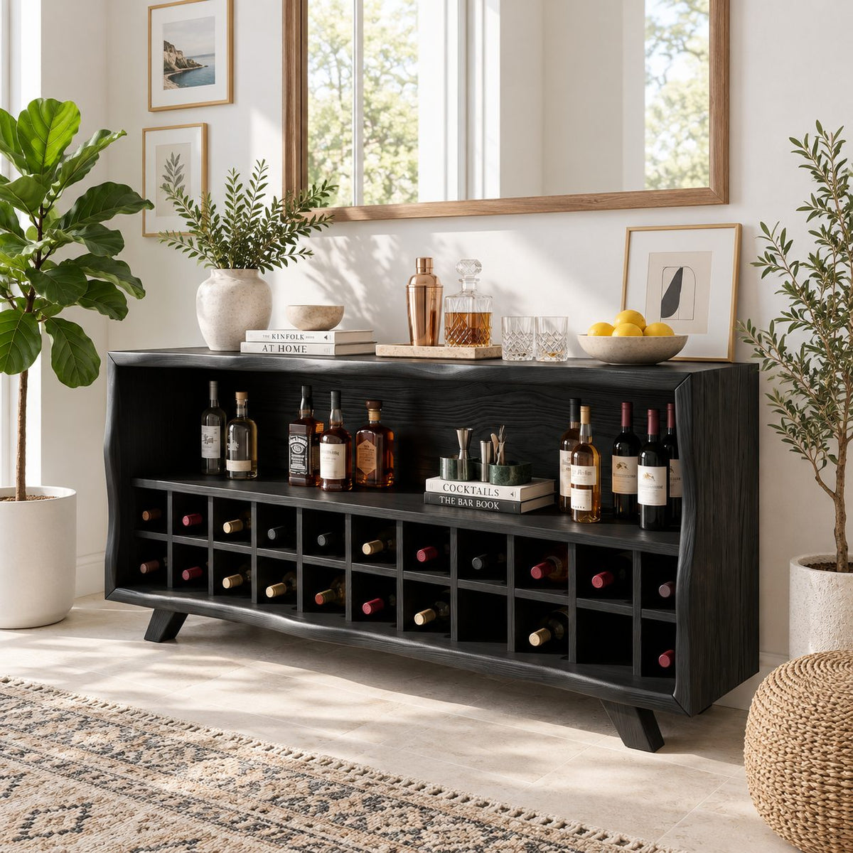 Live Edge Wine Cubby Bar Cabinet with Open Bottle Shelf, Solid Wood Low Liquor Sideboard on Splayed Legs
