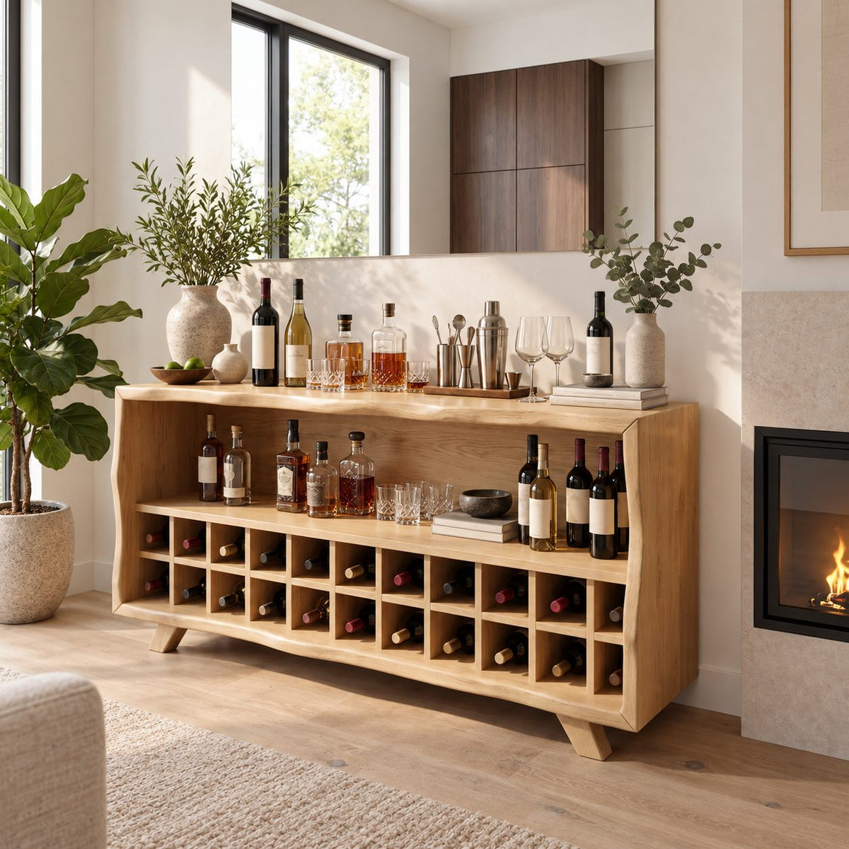 Live Edge Wine Cubby Bar Cabinet with Open Bottle Shelf, Solid Wood Low Liquor Sideboard on Splayed Legs