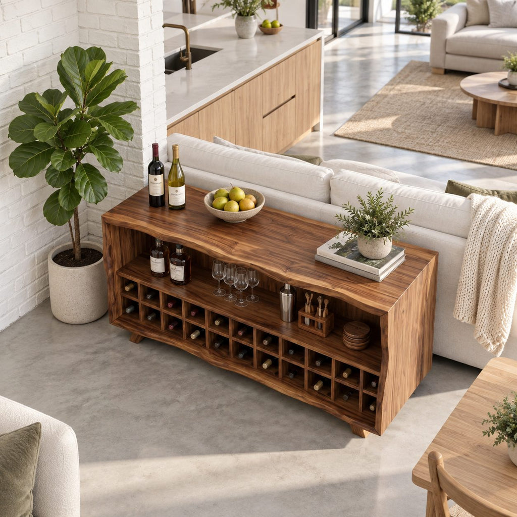 Live Edge Wine Cubby Bar Cabinet with Open Bottle Shelf, Solid Wood Low Liquor Sideboard on Splayed Legs