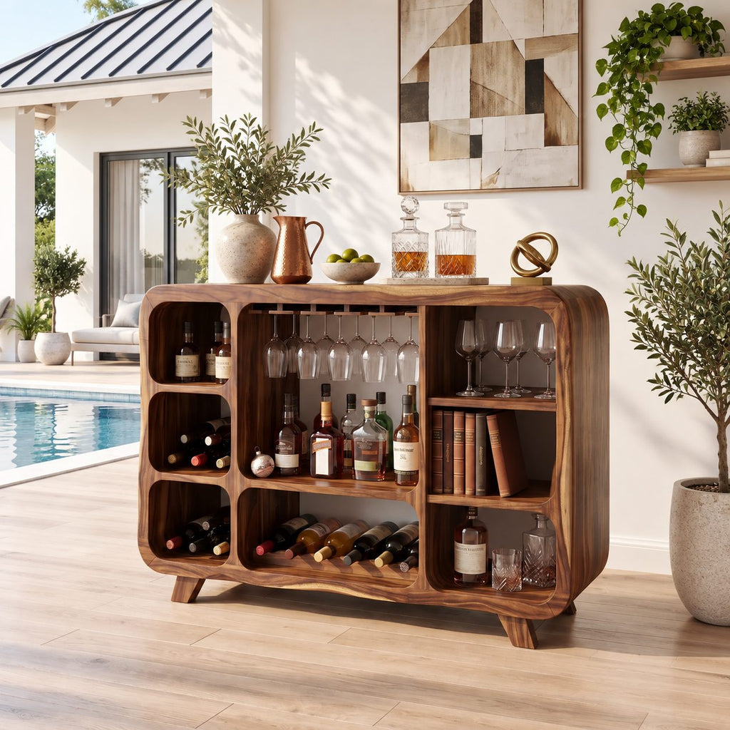 Rounded Corner Bar Sideboard with Stemware Rack, Wine Cubbies and Book Nook, Solid Wood Open Bar Cabinet