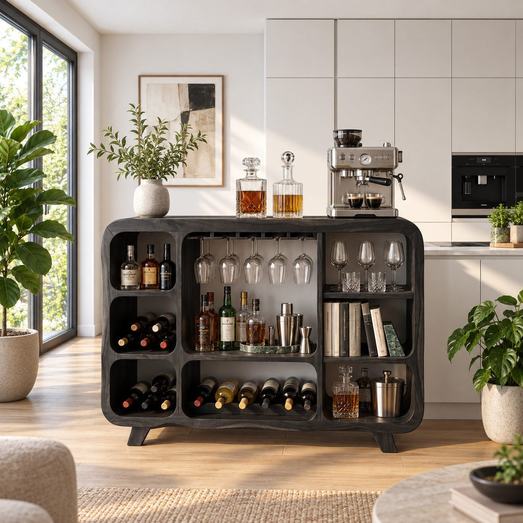 Rounded Corner Bar Sideboard with Stemware Rack, Wine Cubbies and Book Nook, Solid Wood Open Bar Cabinet