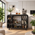 Rounded Corner Bar Sideboard with Stemware Rack, Wine Cubbies and Book Nook, Solid Wood Open Bar Cabinet