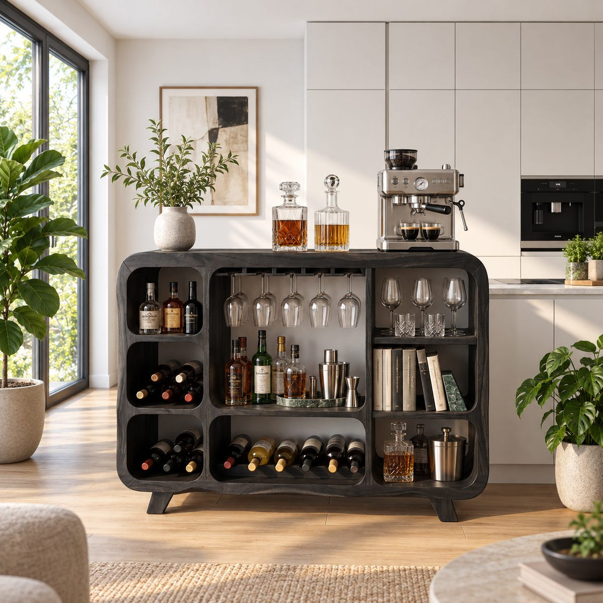 Rounded Corner Bar Sideboard with Stemware Rack, Wine Cubbies and Book Nook, Solid Wood Open Bar Cabinet