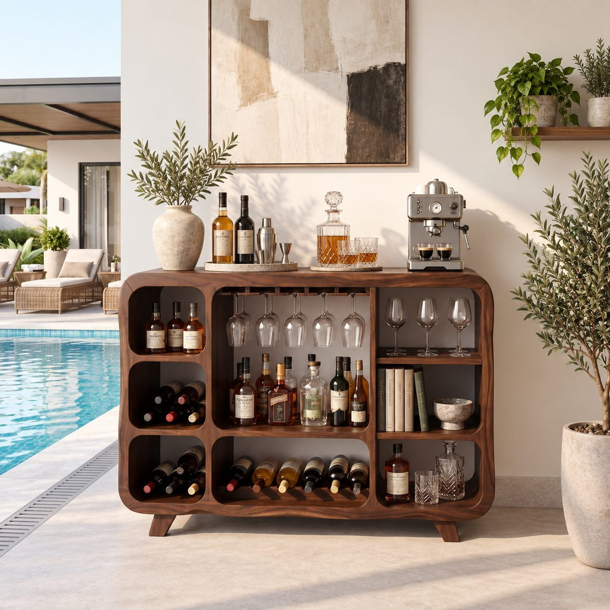 Rounded Corner Bar Sideboard with Stemware Rack, Wine Cubbies and Book Nook, Solid Wood Open Bar Cabinet