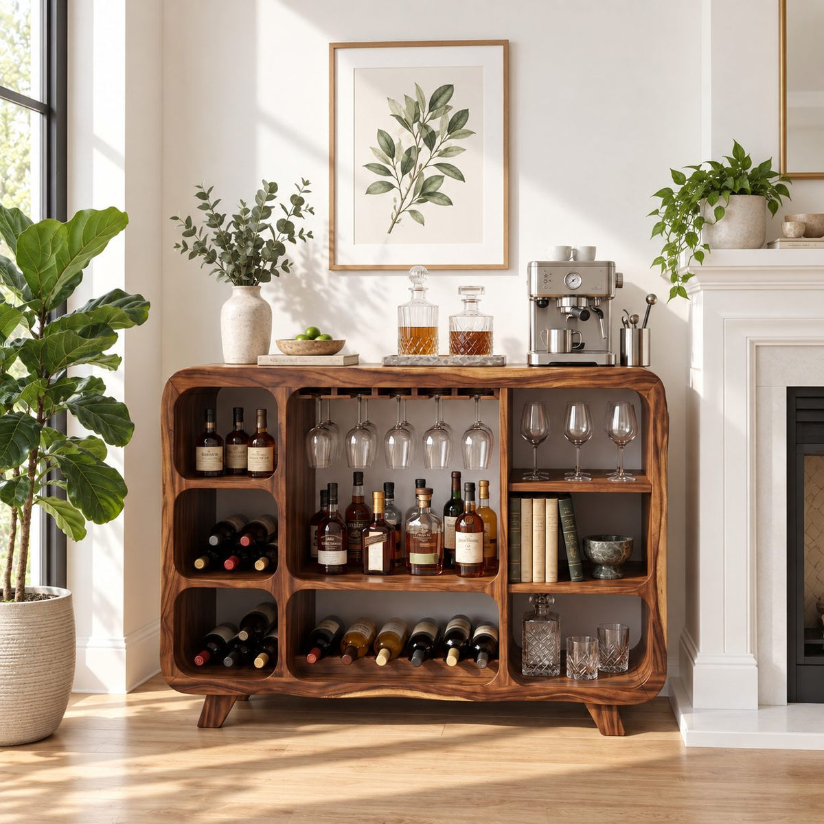 Rounded Corner Bar Sideboard with Stemware Rack, Wine Cubbies and Book Nook, Solid Wood Open Bar Cabinet