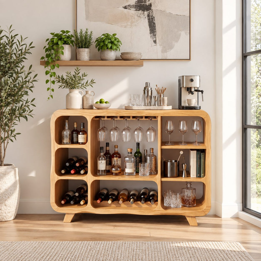 Rounded Corner Bar Sideboard with Stemware Rack, Wine Cubbies and Book Nook, Solid Wood Open Bar Cabinet