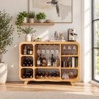 Rounded Corner Bar Sideboard with Stemware Rack, Wine Cubbies and Book Nook, Solid Wood Open Bar Cabinet