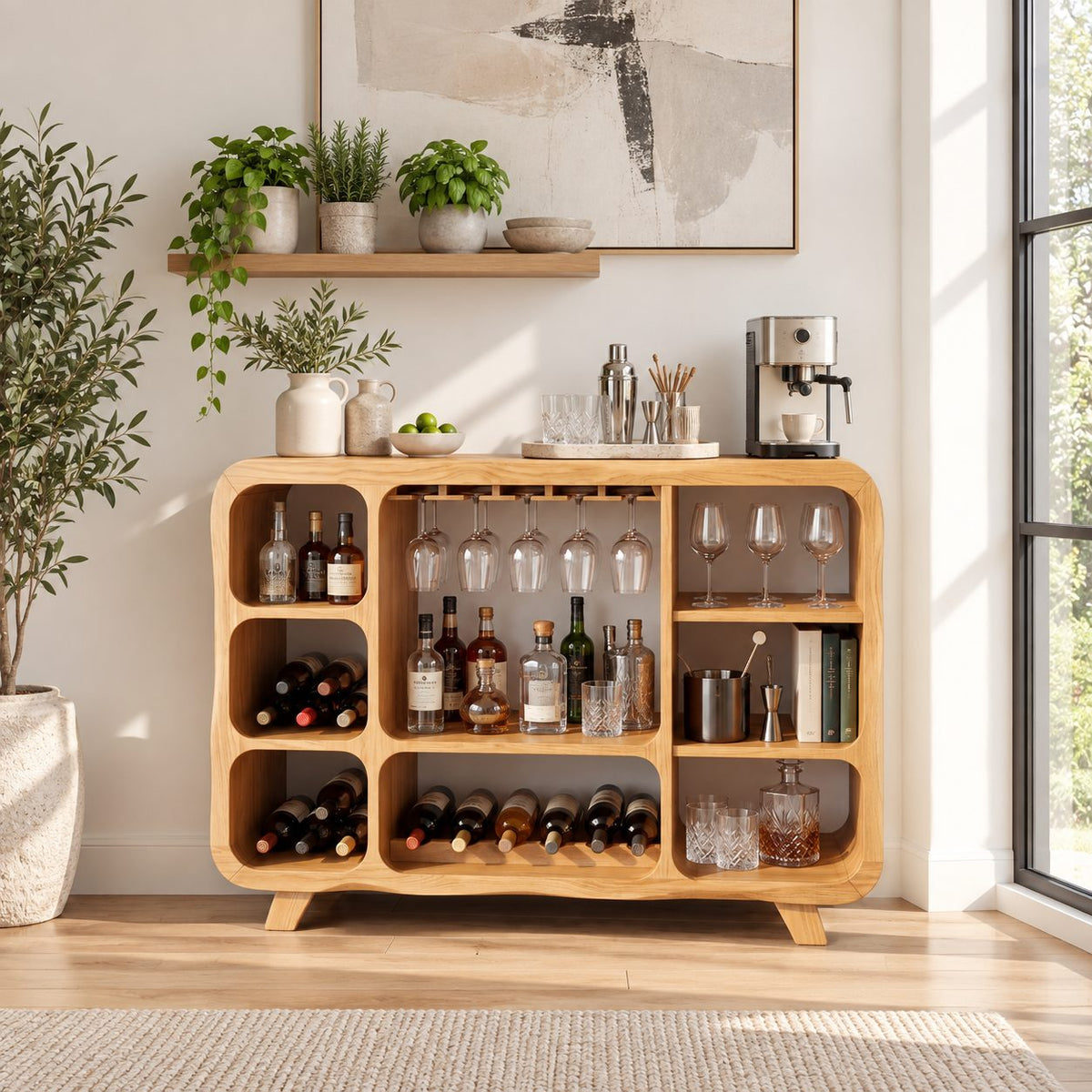 Rounded Corner Bar Sideboard with Stemware Rack, Wine Cubbies and Book Nook, Solid Wood Open Bar Cabinet