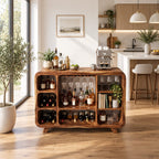 Rounded Corner Bar Sideboard with Stemware Rack, Wine Cubbies and Book Nook, Solid Wood Open Bar Cabinet