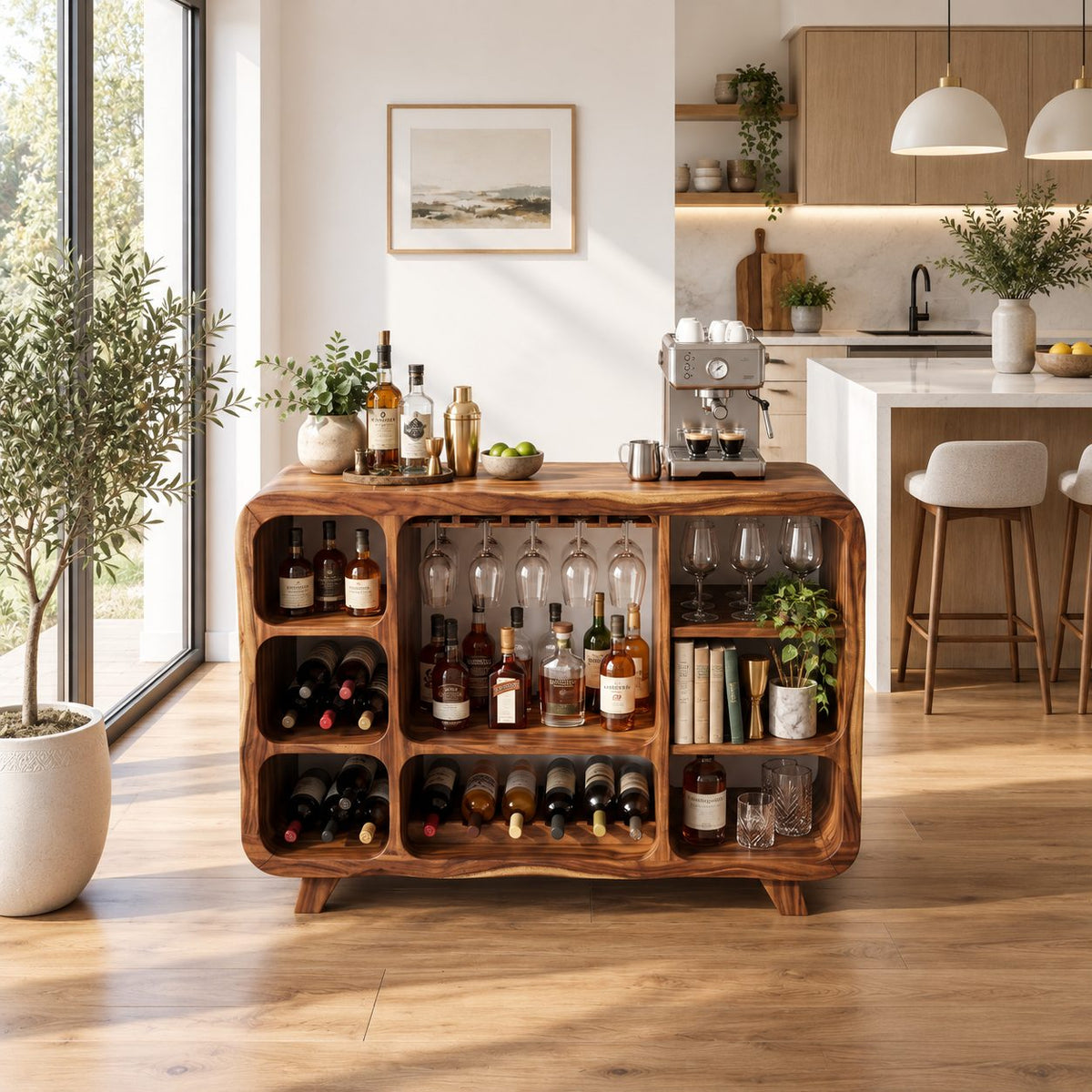 Rounded Corner Bar Sideboard with Stemware Rack, Wine Cubbies and Book Nook, Solid Wood Open Bar Cabinet