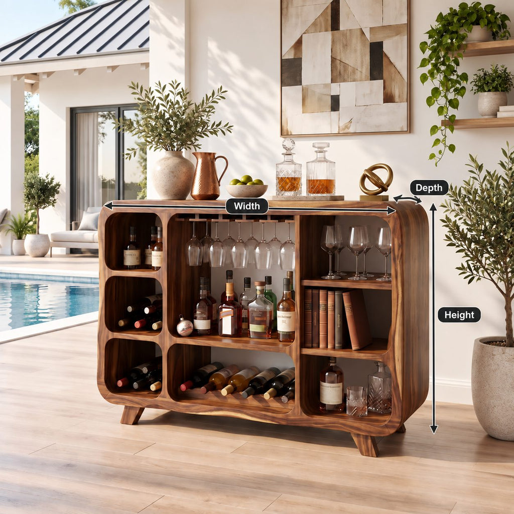 Rounded Corner Bar Sideboard with Stemware Rack, Wine Cubbies and Book Nook, Solid Wood Open Bar Cabinet