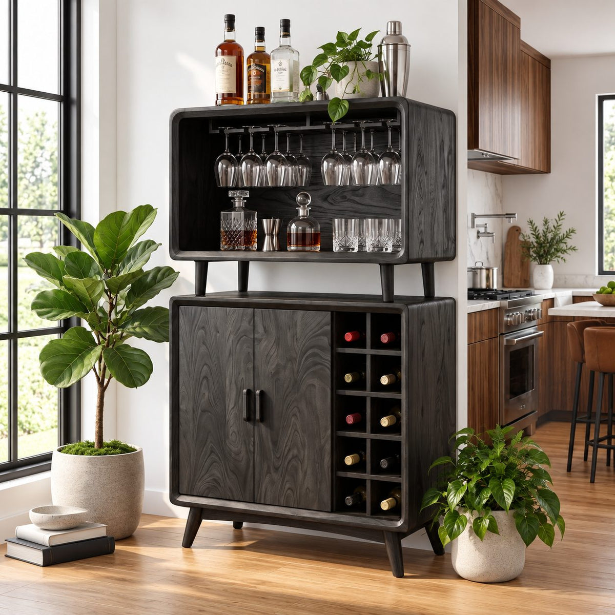 Two Tier Bar Cabinet with Open Stemware Hutch over Wine Grid and Doors, Solid Wood Mid Century Bar Hutch