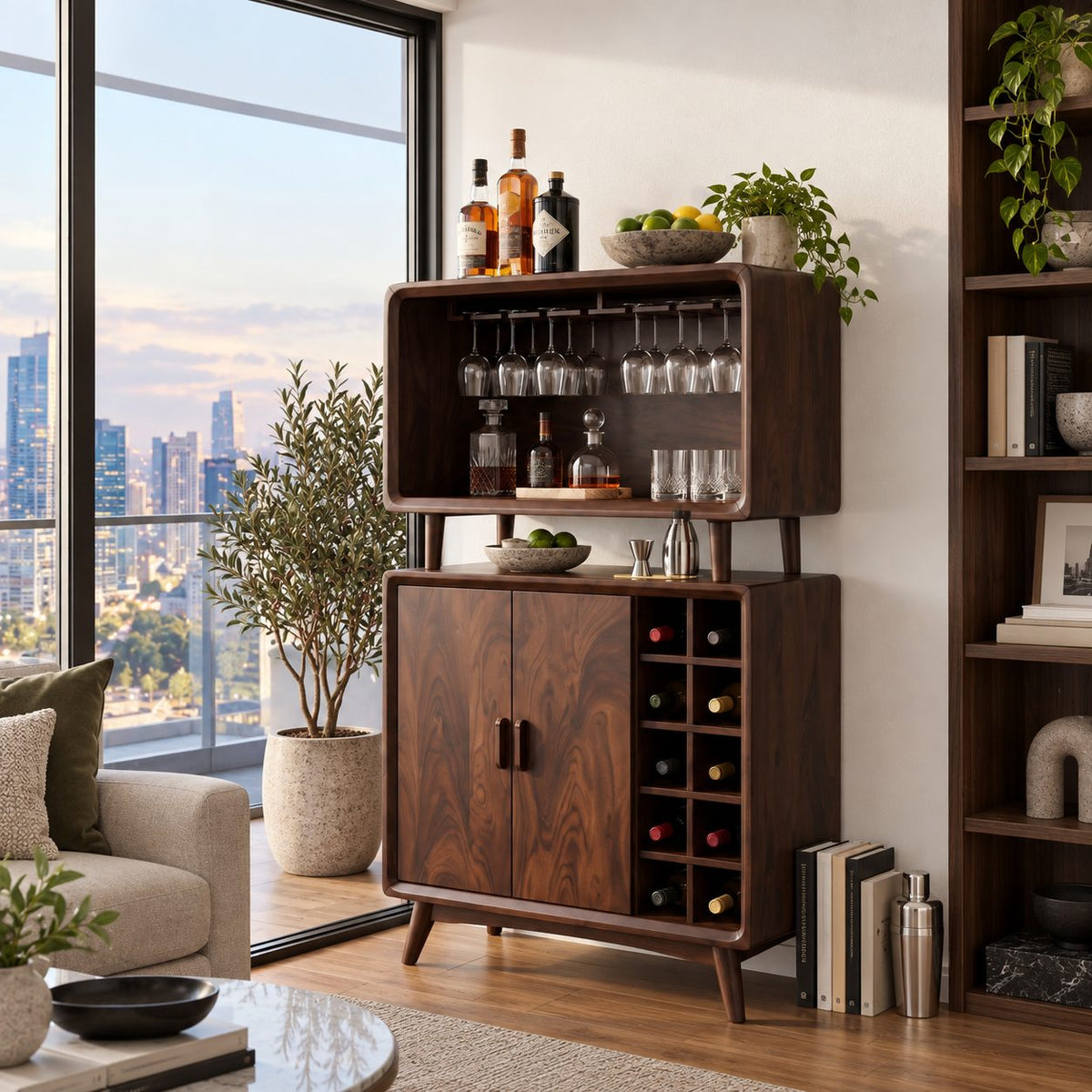 Two Tier Bar Cabinet with Open Stemware Hutch over Wine Grid and Doors, Solid Wood Mid Century Bar Hutch