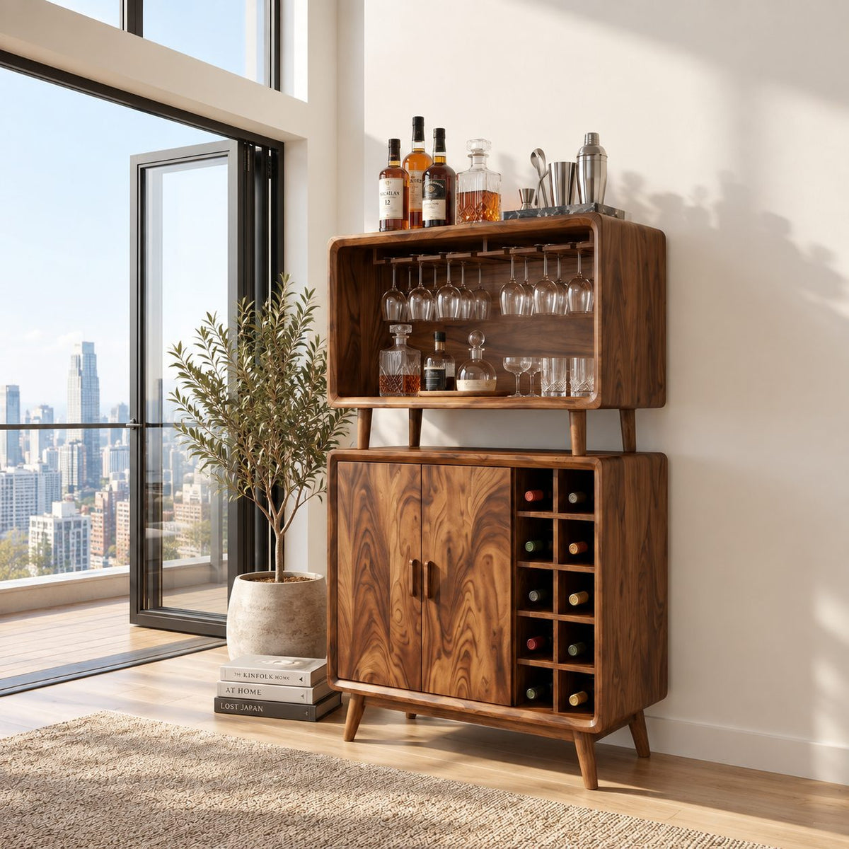 Two Tier Bar Cabinet with Open Stemware Hutch over Wine Grid and Doors, Solid Wood Mid Century Bar Hutch