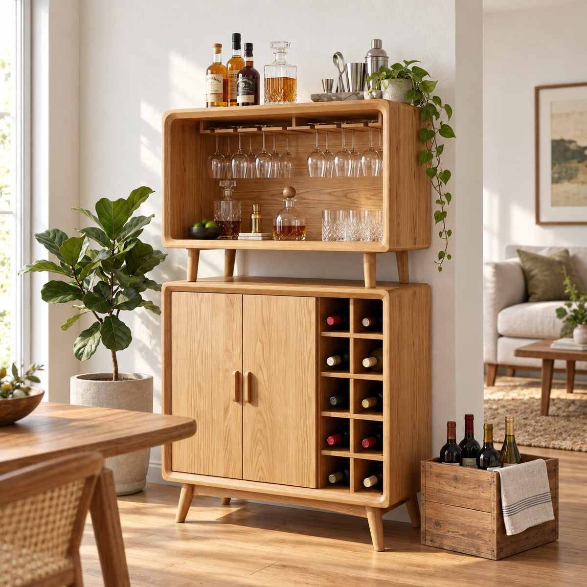 Two Tier Bar Cabinet with Open Stemware Hutch over Wine Grid and Doors, Solid Wood Mid Century Bar Hutch