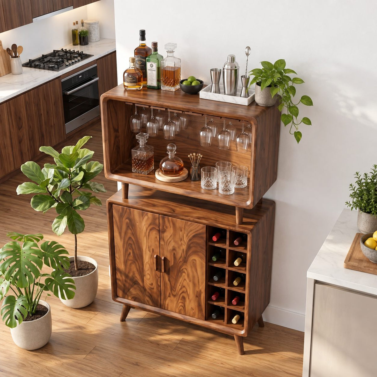 Two Tier Bar Cabinet with Open Stemware Hutch over Wine Grid and Doors, Solid Wood Mid Century Bar Hutch