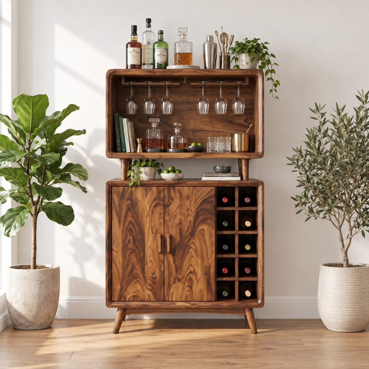 Two Tier Bar Cabinet with Open Stemware Hutch over Wine Grid and Doors, Solid Wood Mid Century Bar Hutch
