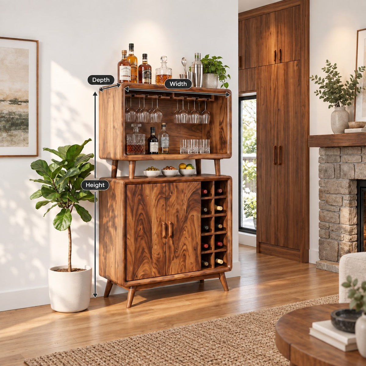 Two Tier Bar Cabinet with Open Stemware Hutch over Wine Grid and Doors, Solid Wood Mid Century Bar Hutch