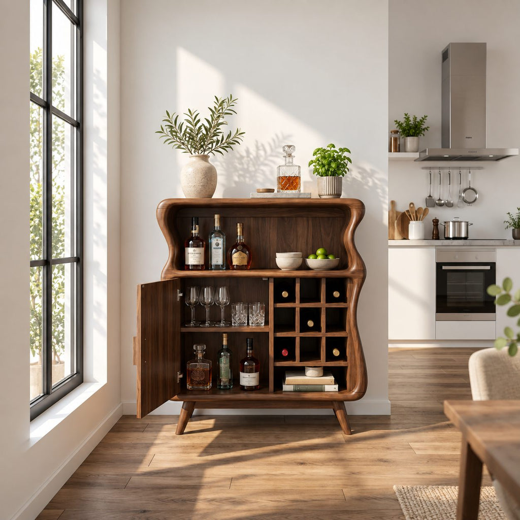 Wavy Profile Bar Cabinet with Door, Wine Grid and Open Top Shelf, Solid Wood Retro Liquor Cabinet