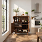 Wavy Profile Bar Cabinet with Door, Wine Grid and Open Top Shelf, Solid Wood Retro Liquor Cabinet