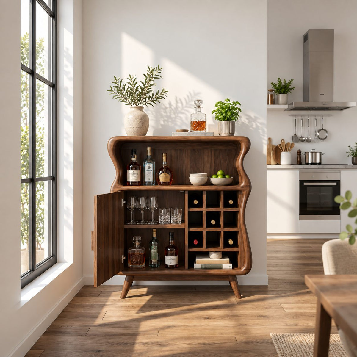 Wavy Profile Bar Cabinet with Door, Wine Grid and Open Top Shelf, Solid Wood Retro Liquor Cabinet