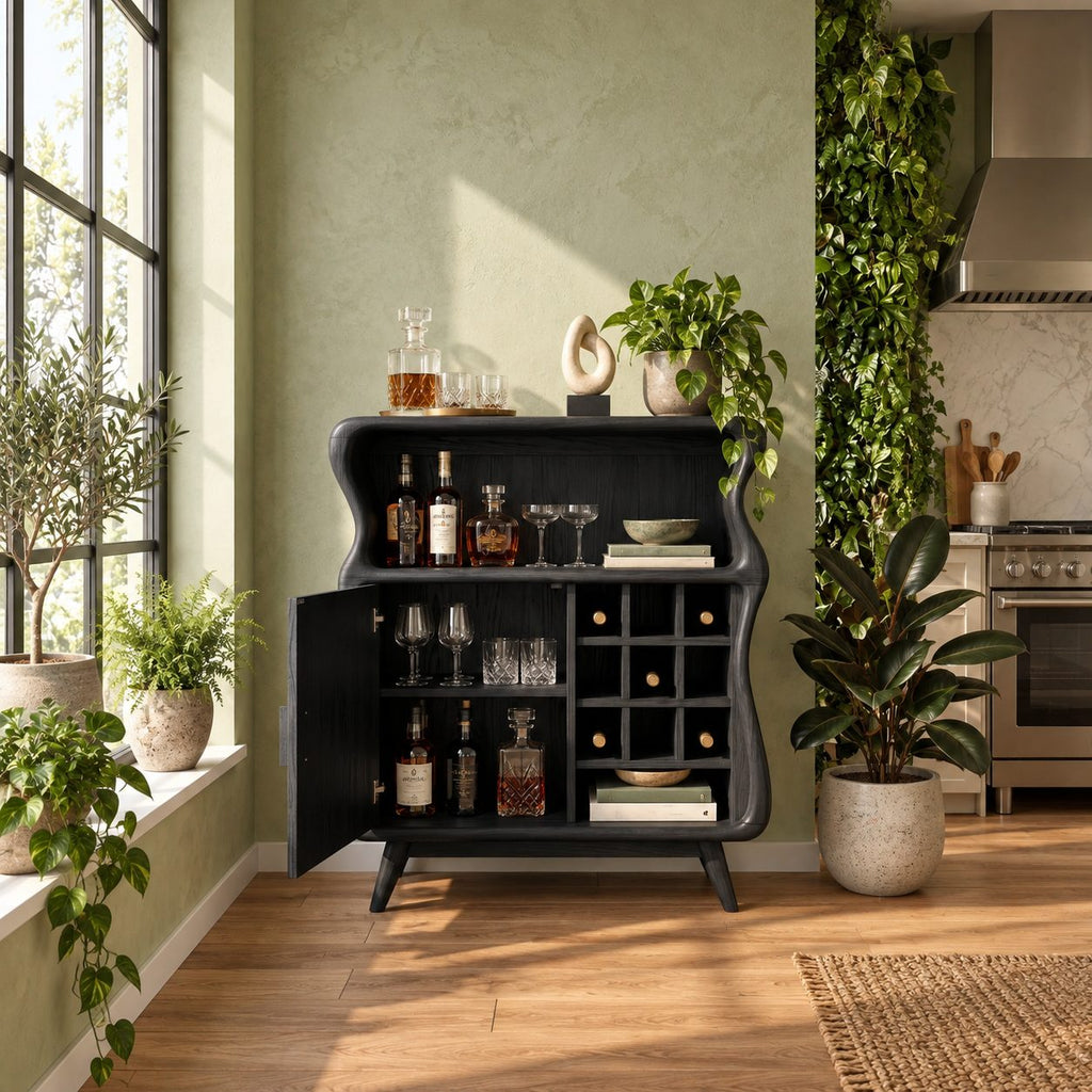 Wavy Profile Bar Cabinet with Door, Wine Grid and Open Top Shelf, Solid Wood Retro Liquor Cabinet