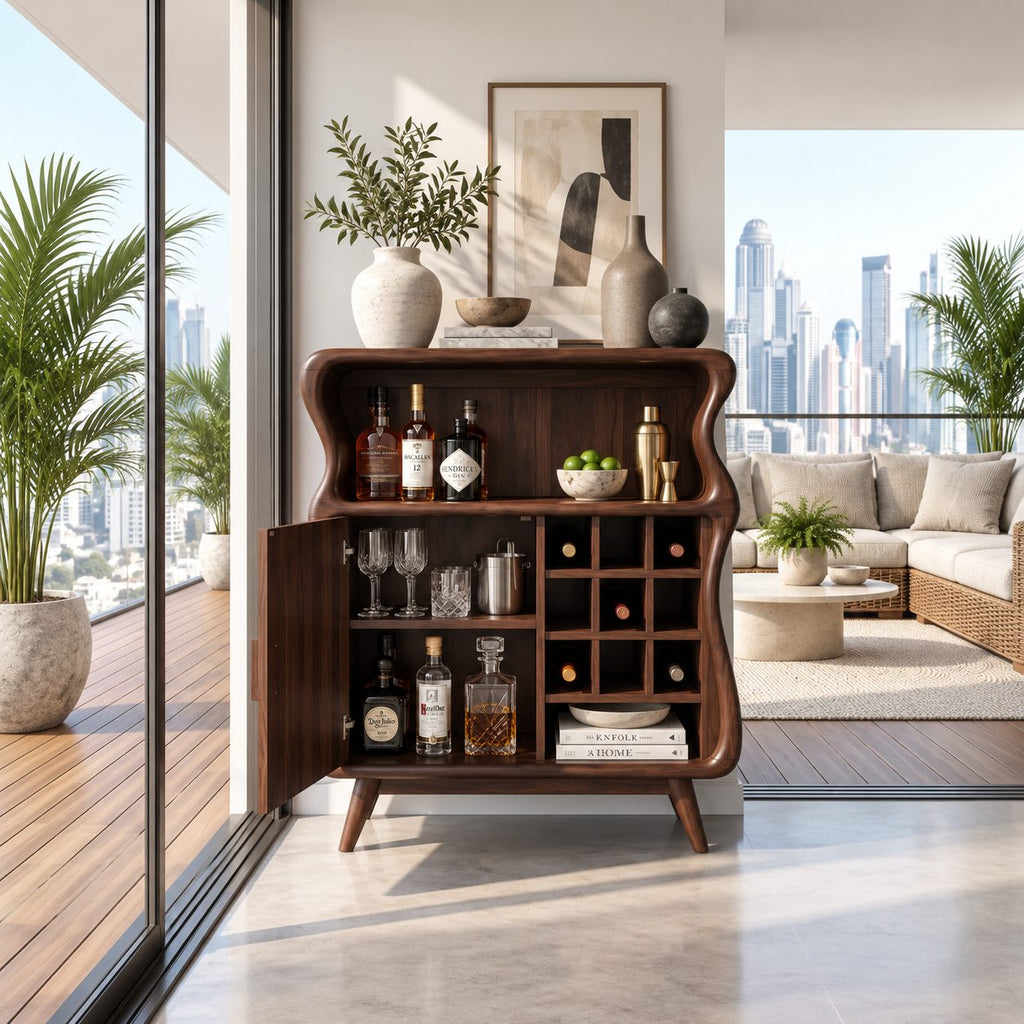 Wavy Profile Bar Cabinet with Door, Wine Grid and Open Top Shelf, Solid Wood Retro Liquor Cabinet