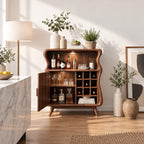 Wavy Profile Bar Cabinet with Door, Wine Grid and Open Top Shelf, Solid Wood Retro Liquor Cabinet