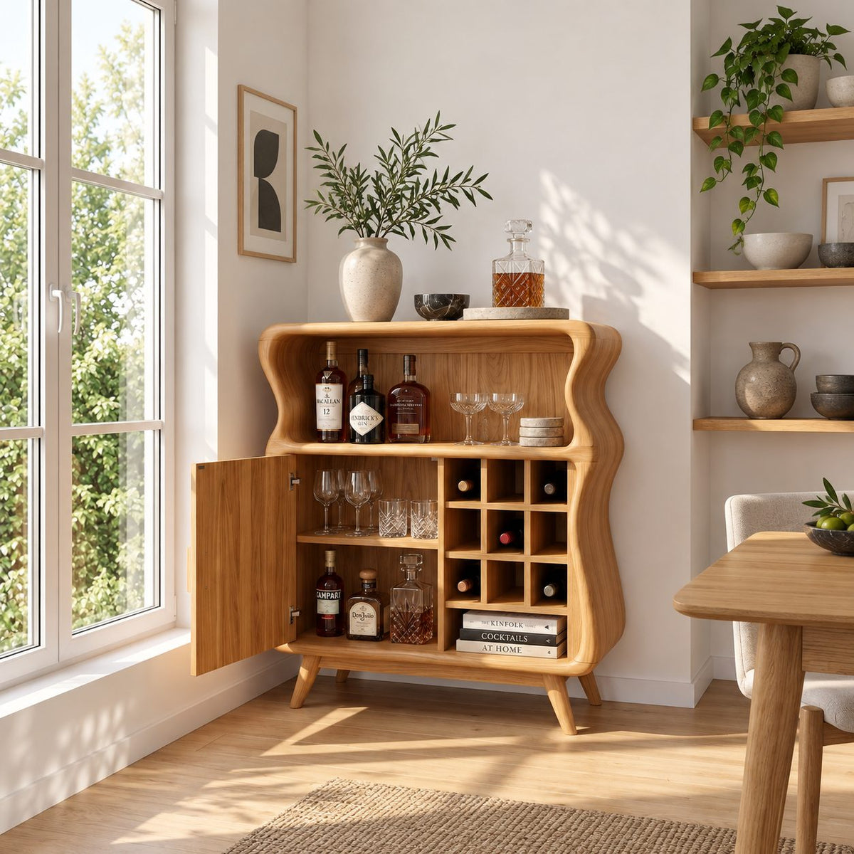 Wavy Profile Bar Cabinet with Door, Wine Grid and Open Top Shelf, Solid Wood Retro Liquor Cabinet