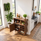 Wavy Profile Bar Cabinet with Door, Wine Grid and Open Top Shelf, Solid Wood Retro Liquor Cabinet