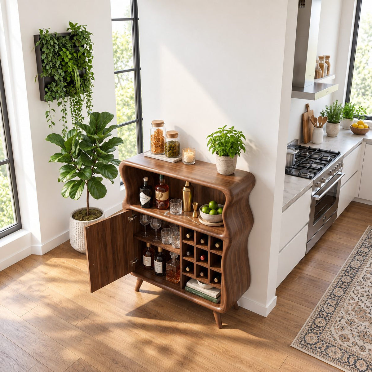 Wavy Profile Bar Cabinet with Door, Wine Grid and Open Top Shelf, Solid Wood Retro Liquor Cabinet