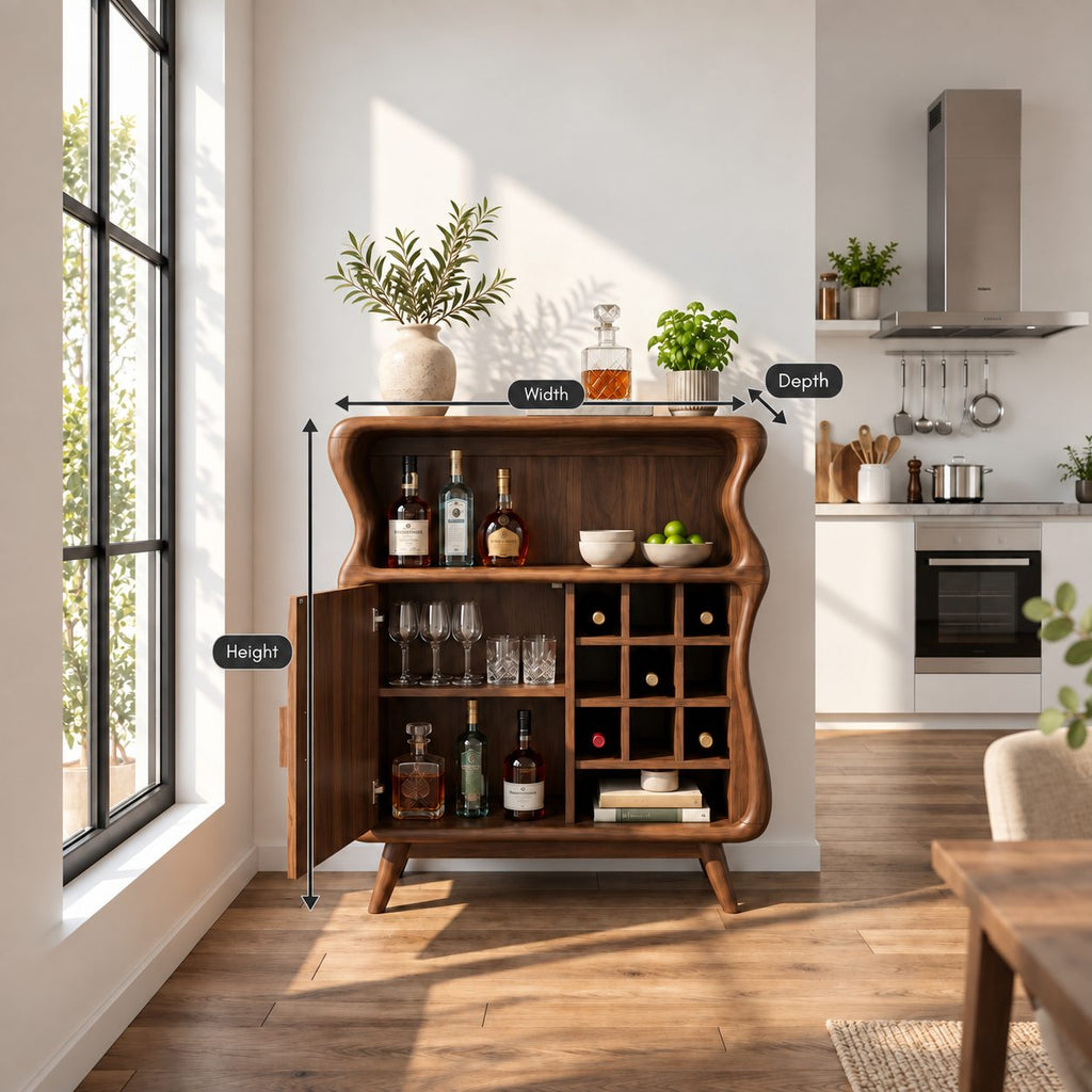 Wavy Profile Bar Cabinet with Door, Wine Grid and Open Top Shelf, Solid Wood Retro Liquor Cabinet