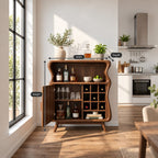 Wavy Profile Bar Cabinet with Door, Wine Grid and Open Top Shelf, Solid Wood Retro Liquor Cabinet