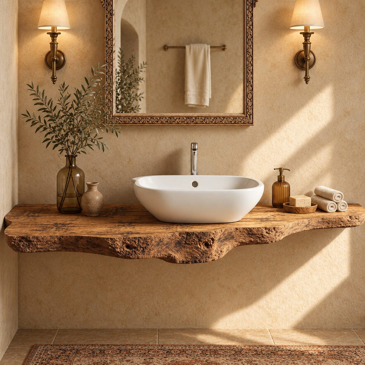Floating Bathroom Vanity 20-71 Inch, Rough Burl Live Edge Wood Slab Vanity Top for Vessel Sink