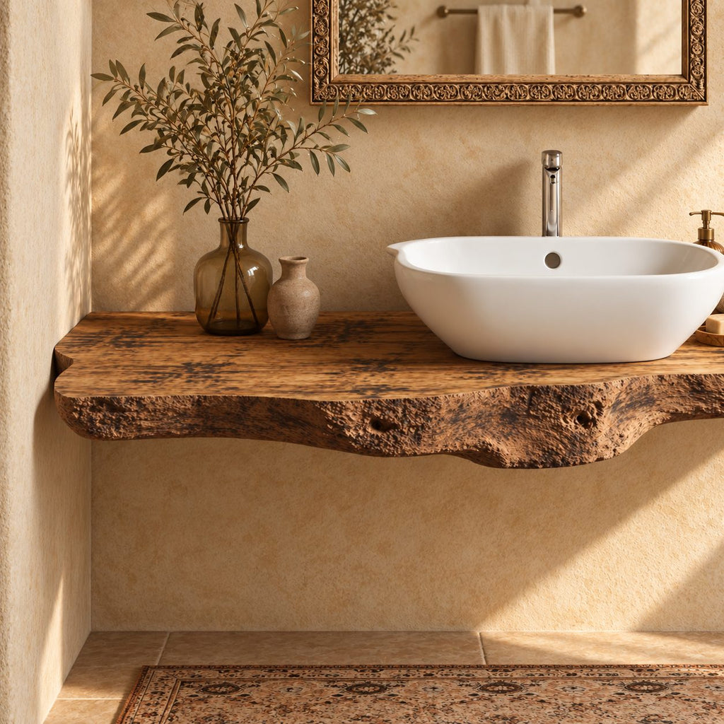 Floating Bathroom Vanity 20-71 Inch, Rough Burl Live Edge Wood Slab Vanity Top for Vessel Sink