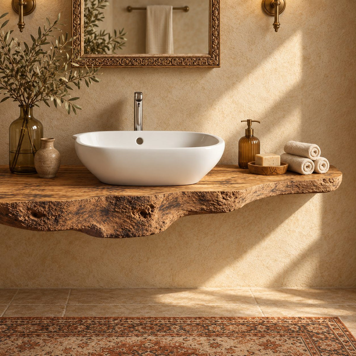 Floating Bathroom Vanity 20-71 Inch, Rough Burl Live Edge Wood Slab Vanity Top for Vessel Sink