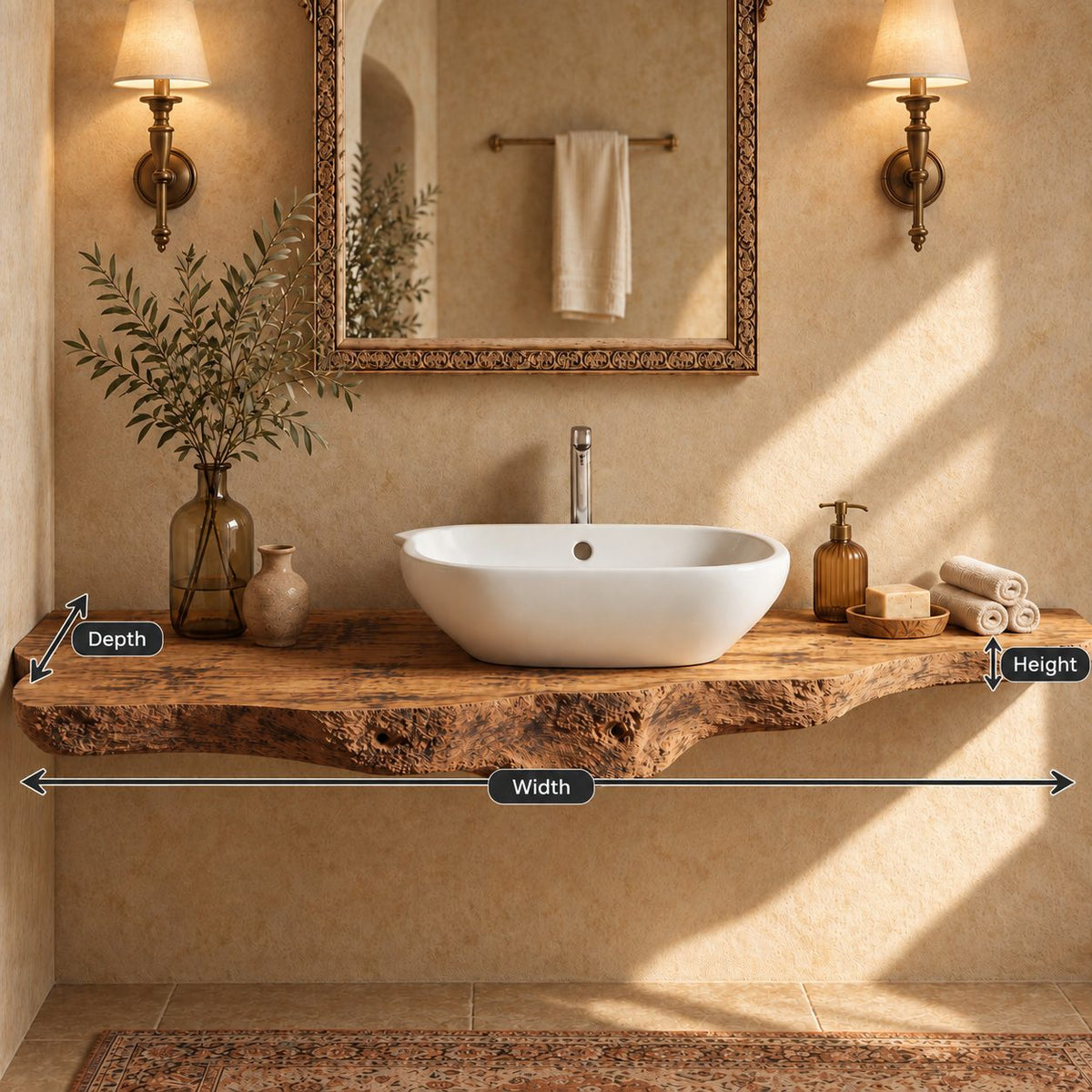 Floating Bathroom Vanity 20-71 Inch, Rough Burl Live Edge Wood Slab Vanity Top for Vessel Sink