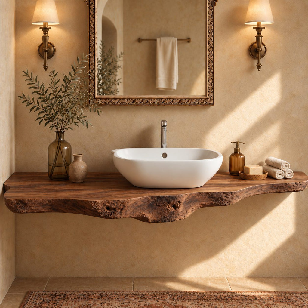 Floating Bathroom Vanity 20-71 Inch, Rough Burl Live Edge Wood Slab Vanity Top for Vessel Sink