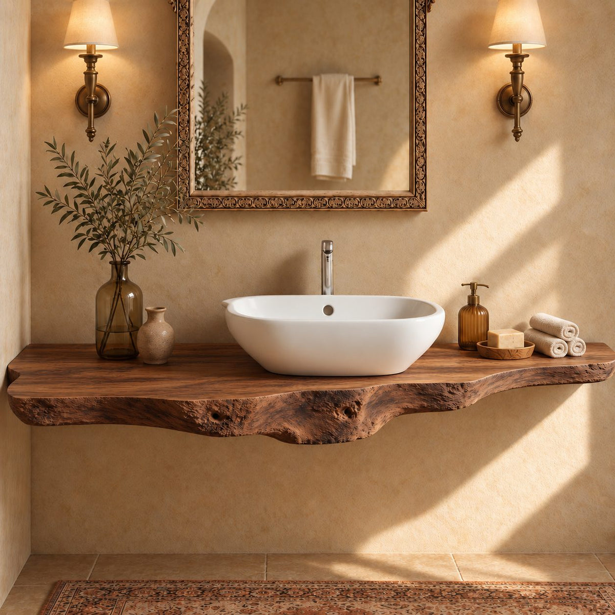 Floating Bathroom Vanity 20-71 Inch, Rough Burl Live Edge Wood Slab Vanity Top for Vessel Sink