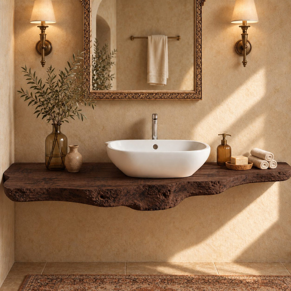 Floating Bathroom Vanity 20-71 Inch, Rough Burl Live Edge Wood Slab Vanity Top for Vessel Sink