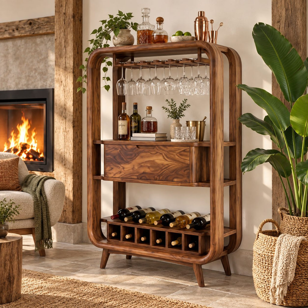 Bentwood Frame Bar Cabinet with Stemware Rack, Center Drawer and Wine Rail, Solid Wood Open Bar Hutch