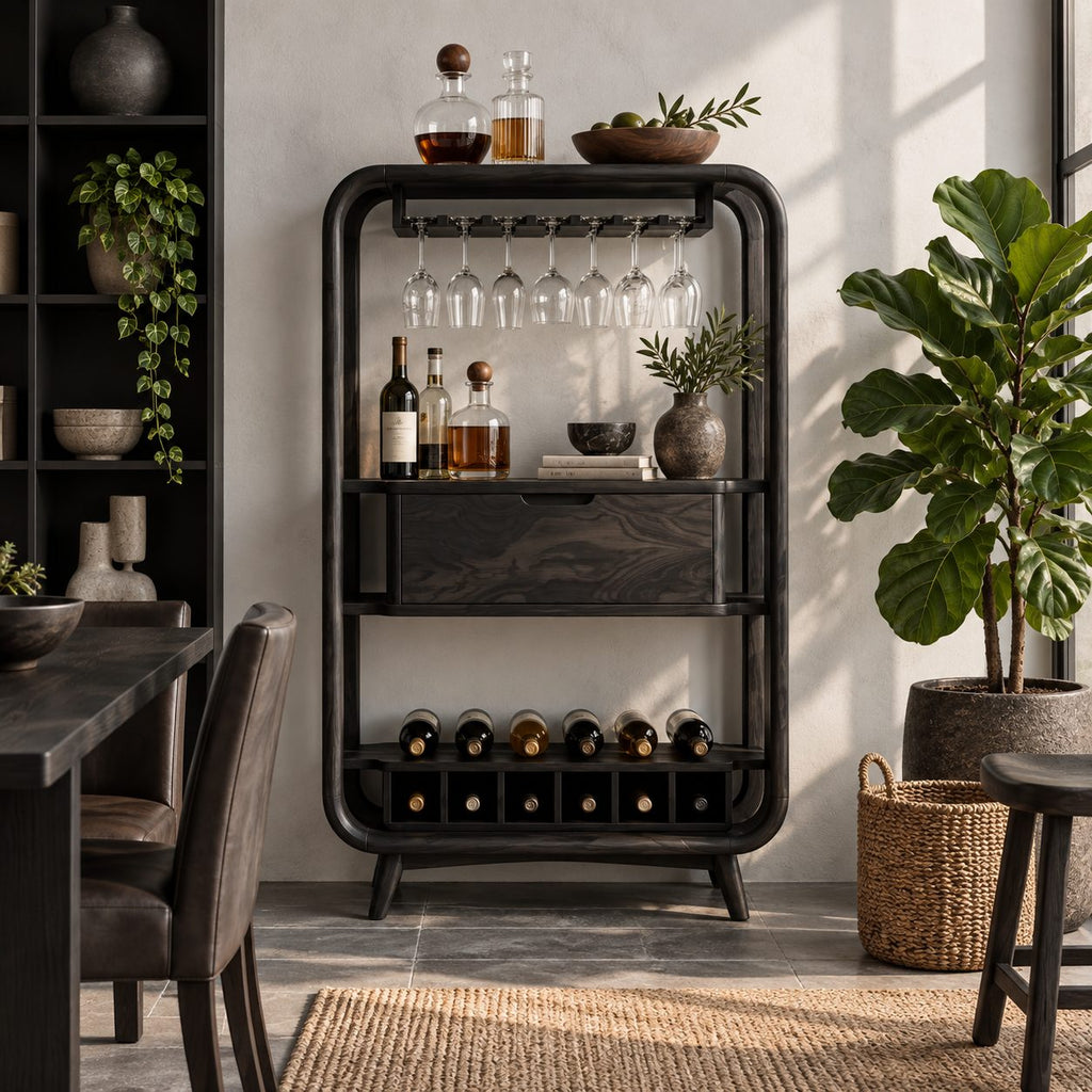Bentwood Frame Bar Cabinet with Stemware Rack, Center Drawer and Wine Rail, Solid Wood Open Bar Hutch