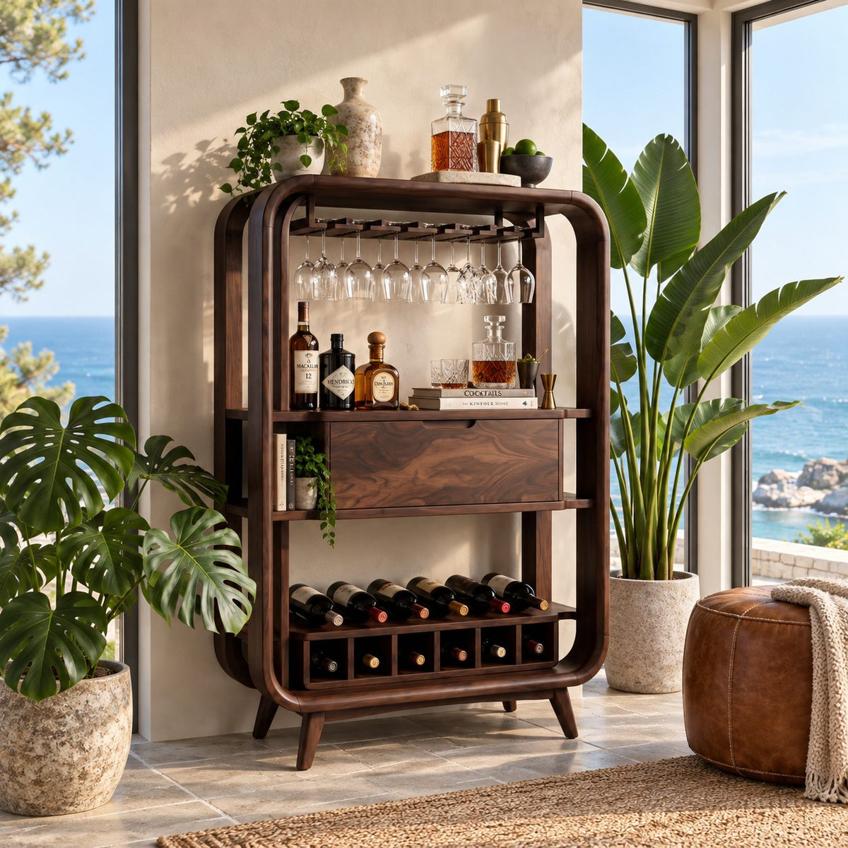 Bentwood Frame Bar Cabinet with Stemware Rack, Center Drawer and Wine Rail, Solid Wood Open Bar Hutch
