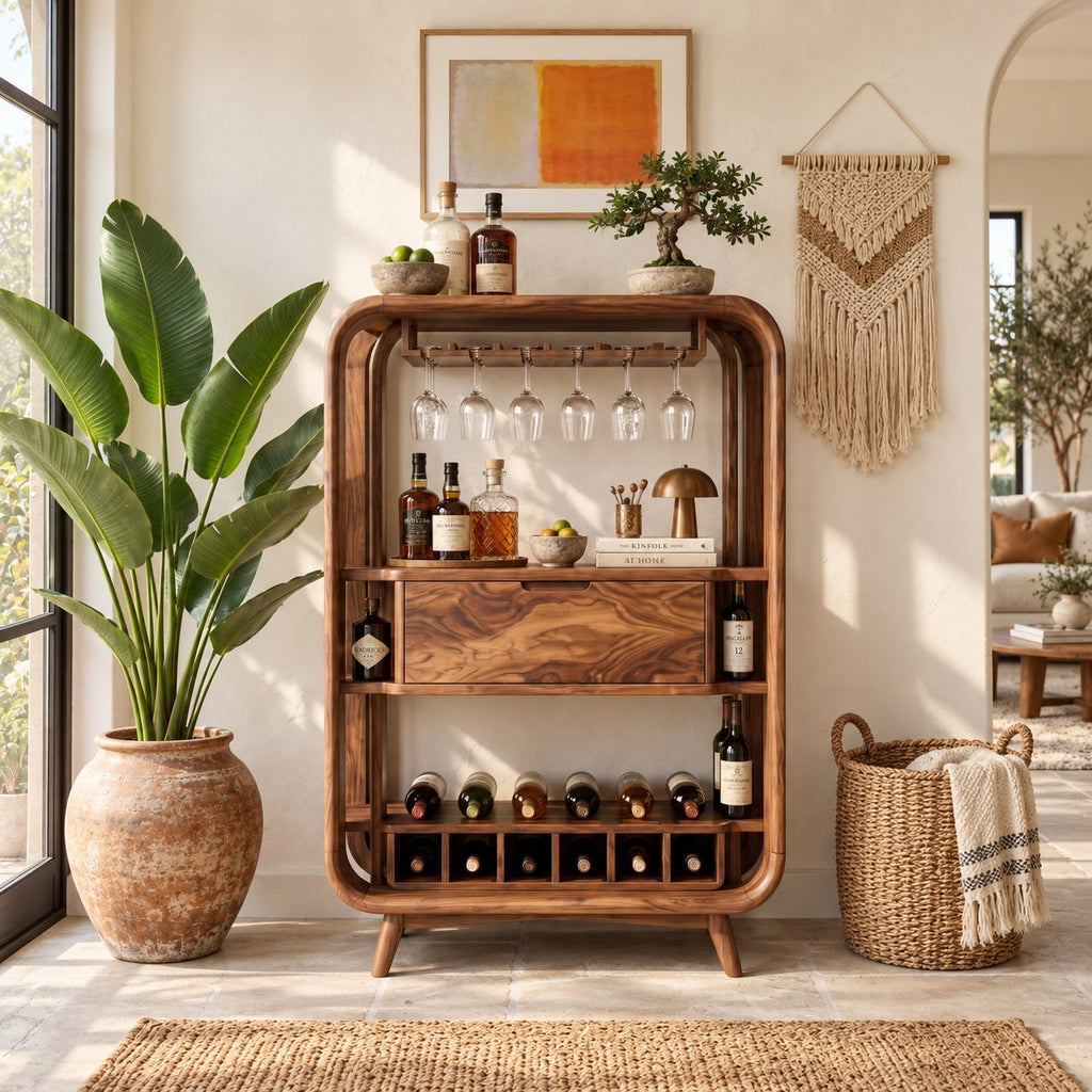 Bentwood Frame Bar Cabinet with Stemware Rack, Center Drawer and Wine Rail, Solid Wood Open Bar Hutch